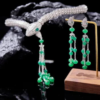 Návrhár Kolekcie Náhrdelníky Náušnice Ženy Lady Vložkou Kubický Zirkón Strapec Zelené Korálky Had Snakelike Večeru Šperky Sady 1