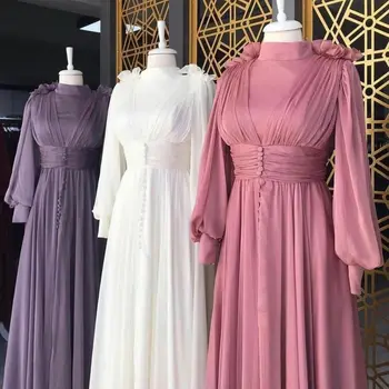 Arabský Dlhé Rukávy Večerné Šaty Vysoká Krku Elegantné Šifón Riadok Formálne Lady Moslimských Večer Prom Šaty
