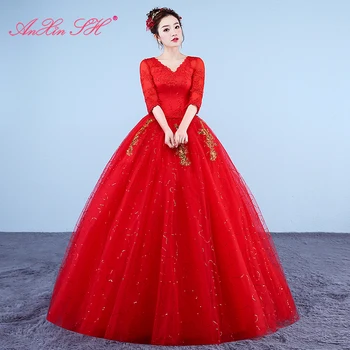 AnXin SH princezná kvet červený čipky svadobné šaty retro party v krku turecko plesové šaty, zlaté čipky kvetu biele svadobné šaty