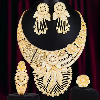 GODKI VEĽKÝ Módne 4PCS Luxusné Kvety Afrike Šperky Set Pre Ženy, Svadobné Party Cubic Zirconia Dubaj Svadobné Šperky Indickej 2020
