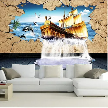 Najnovšie 3D maľby,3D stereo karikatúra, lode a seagull tapety, obývacia izba gauč TV steny, spálne, tapety.